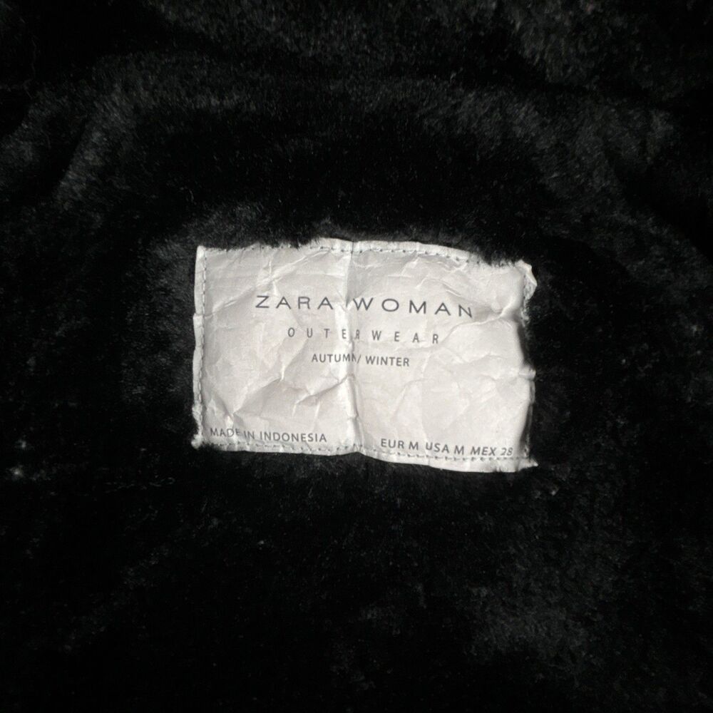 ZARA WOMAN Faux Fur Lined Parka Women’s Sz Medium Black Hooded Full Zip Pockets - Picture 5 of 11
